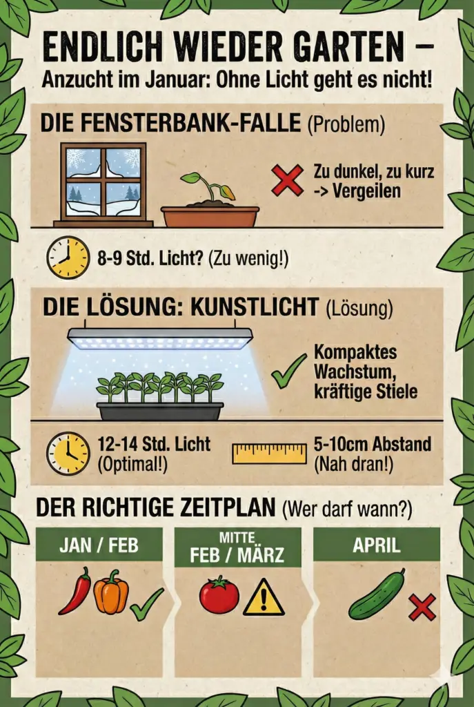 Infografik: Vergleich Fensterbank und Kunstlicht sowie Anzucht-Zeitplan