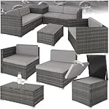 TecTake 800825 XXL Polyrattan Sitzgruppe, frei zu gruppierende Elemente, inkl. Aufbewahrungsbox mit Hubautomatik für Polster, Tisch mit Glasplatte (Grau | Nr. 403829)