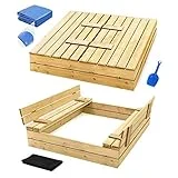 Sandkasten mit Deckel Sandbox 120×120 150×150 Sandkiste mit Sitzbänken Holz Spielzeug (120 x 120 cm)