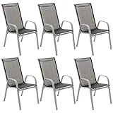 6er Set Gartenstuhl Camping Stapelstuhl Hochlehner Terrassenstuhl – Textilene Stahl stapelbar – Farbe: Rahmen hellgrau/Bespannung schwarz