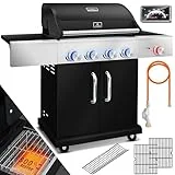 KESSER® Gasgrill Master BBQ mit 800°C Infrarot & Grill-Thermometer, LED-Beleuchtung, Keramik 4+1 Brenner aus Edelstahl XXL Grillwagen Grill, Seitenkocher, 5-11 KG Gasflasche Piezozündung Schwarz