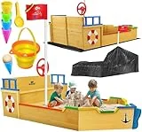 KIDIZ® Sandkasten AHOI – Piratenschiff Boot Segelschiff aus Holz Inkl. Abdeckung , Bodenplane , Sitzbank , Flaggenmast | Große Kinder Sandkiste für den Garten | Outdoor Sandbox Blau