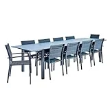 Naterial – Gartenmöbel Set für 10 Personen – Gartentisch ODYSSEA 256/320×100 cm – Ausziehtisch – 10 Gartenstühle Orion BETA mit Armlehnen – Gartensessel – Stapelbar – Sitzgruppe – Glas Aluminium Grau