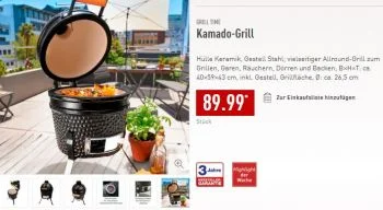 Kamado Grill auf einem großen Balkon mit weiteren Häusern im Hintergrund, einem Ampelschirm/Sonnenschirm, wahrscheinlich auch aus dem ALDI und einer Pflanze neben dem Grill bzw. Gewürzen