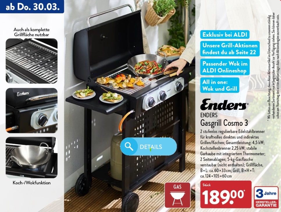 ALDI Grill Angebote 2023 14 aldi nord enders gasgrill cosmo 3 maerz 2023 2023 ENDERS Gasgrill Cosmo 3 mit 4,5 kW für 189 € ab 30. März 2023