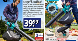 Prospekt Screenshot aus dem ALDI Nord und ALDI Süd mit dem FERREX 40 V Akku Laubsauger laubbläser Angebot ab dem 25.09.2023 für 39,99 €