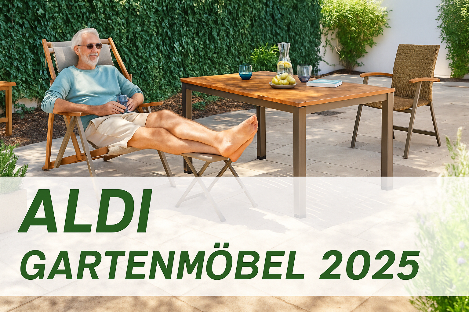 ALDI GARTENMÖBEL 2024 Banner mit einer entspannten Person, die auf einem Gartenstuhl sitzt, neben einem Holztisch mit Dekorationen in einem sonnigen Garten.