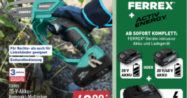 ALDI Akku-Kompakt-Multisäge 2025 4 aldi nord multisaege oktober 2025 2025 Eine Person schneidet mit der handlichen FERREX 20-V-Akku-Kompakt-Multisäge einen Ast. Die grün-schwarze Säge ist ergonomisch geformt und wird mit Akku und Ladegerät angeboten.