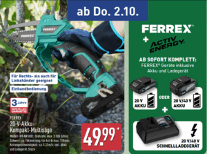 Eine Person schneidet mit der handlichen FERREX 20-V-Akku-Kompakt-Multisäge einen Ast. Die grün-schwarze Säge ist ergonomisch geformt und wird mit Akku und Ladegerät angeboten.