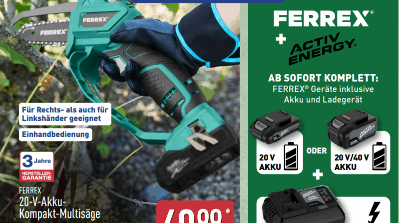 ALDI Akku-Kompakt-Multisäge 2025 7 aldi nord multisaege oktober 2025 2025 Eine Person schneidet mit der handlichen FERREX 20-V-Akku-Kompakt-Multisäge einen Ast. Die grün-schwarze Säge ist ergonomisch geformt und wird mit Akku und Ladegerät angeboten.