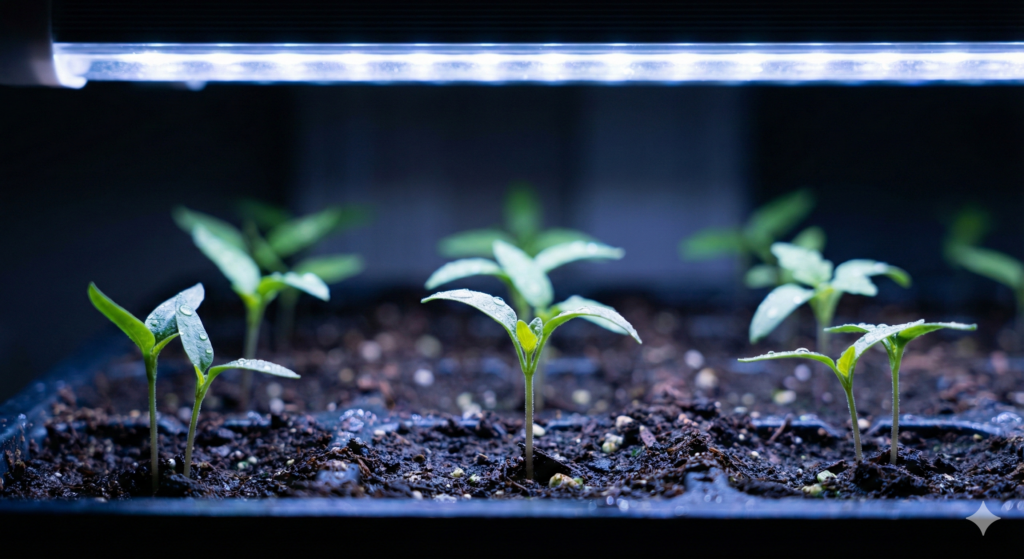 Anzucht im Januar: Warum es ohne Kunstlicht schiefgeht (und wie du es richtig machst) 4 anzucht start januar kunstlicht 2025 Kleine Keimlinge wachsen direkt unter einer LED-Pflanzenlampe