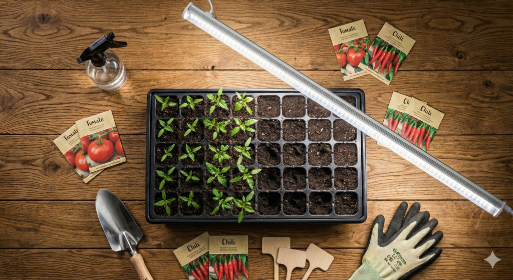 Anzucht im Januar: Warum es ohne Kunstlicht schiefgeht (und wie du es richtig machst) 5 anzucht start januar kunstlicht ausruestung 2025 Anzucht-Set mit Pflanzenlampe, Samen und Werkzeug auf einem Tisch