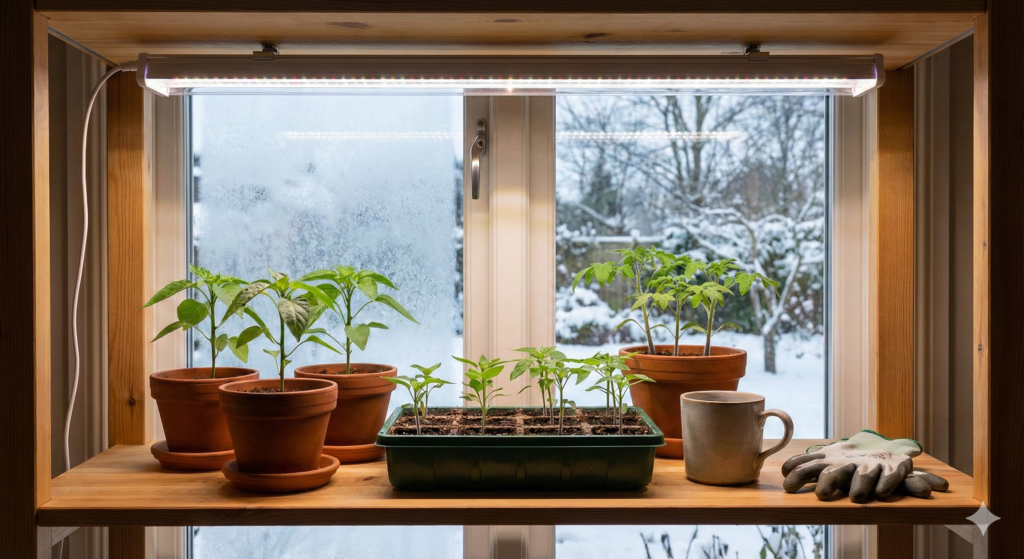 Anzucht im Januar: Warum es ohne Kunstlicht schiefgeht (und wie du es richtig machst) 1 anzucht start januar kunstlicht fensterbank 2025 Fensterbank im Winter mit Jungpflanzen und installierter Pflanzenlampe