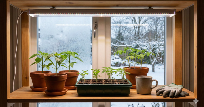 Fensterbank im Winter mit Jungpflanzen und installierter Pflanzenlampe